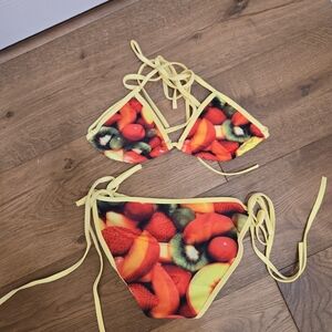 Yellow Trim Fruit-Print Triangle Bikini Top and Bottom Never Worn